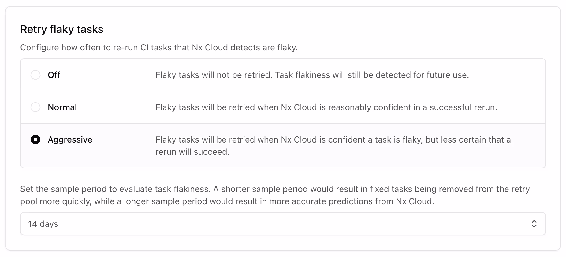 Screenshot of UI showing configuration options for flaky task retries